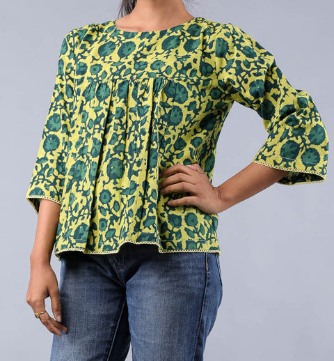 Handcraft Pleated Top in Green & Yellow Hand Block Printed Cotton | Vinusto