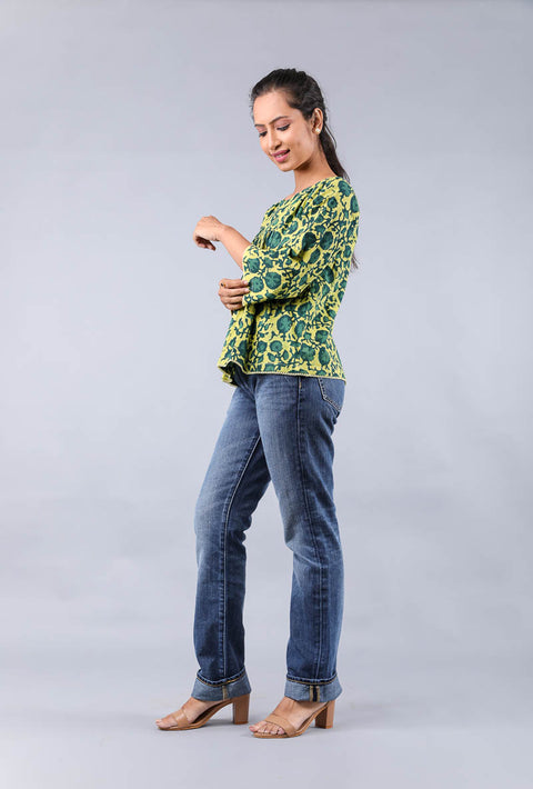 Buy Pleated Top in Green & Yellow Hand Block Printed Cotton | Vinusto