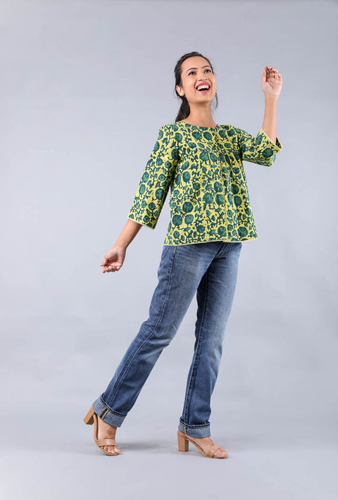 Order Pleated Top in Green & Yellow Hand Block Printed Cotton | Vinusto