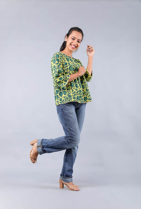 Luxury Pleated Top in Green & Yellow Hand Block Printed Cotton | Vinusto