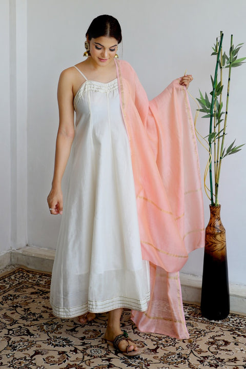 Chanderi Hand loom Long Dress in Ivory