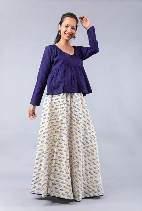 Shop Flared Skirt in Hand Block Print with Top in Midnight Blue Handwoven Cotton (Set of 2) | Vinusto