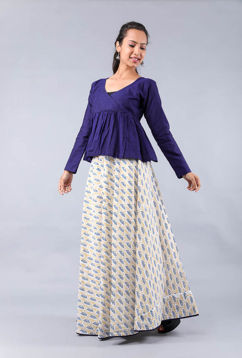 Buy Flared Skirt in Hand Block Print with Top in Midnight Blue Handwoven Cotton (Set of 2) | Vinusto