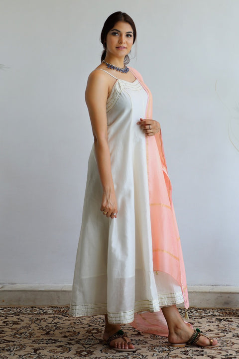 Chanderi Hand loom Long Dress in Ivory
