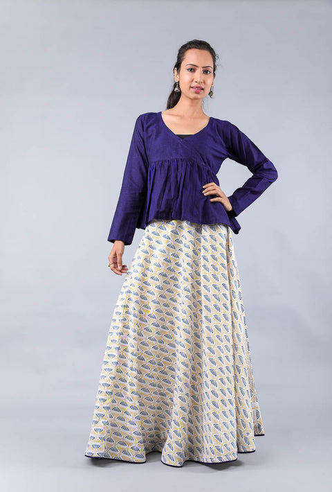 Order Flared Skirt in Hand Block Print with Top in Midnight Blue Handwoven Cotton (Set of 2) | Vinusto
