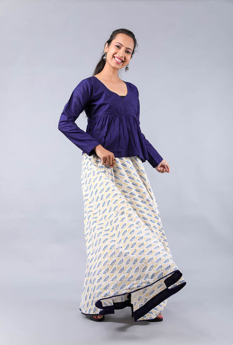 Luxury Flared Skirt in Hand Block Print with Top in Midnight Blue Handwoven Cotton (Set of 2) | Vinusto