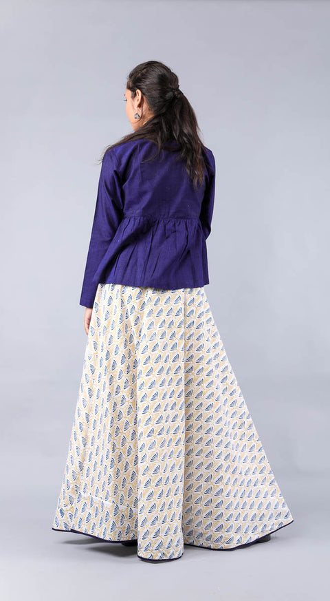 Premium Flared Skirt in Hand Block Print with Top in Midnight Blue Handwoven Cotton (Set of 2) | Vinusto
