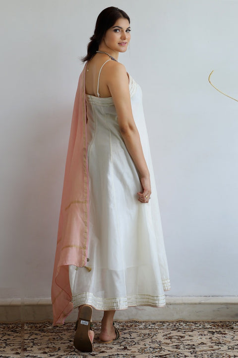 Chanderi Hand loom Long Dress in Ivory