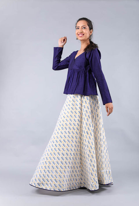 Handcraft Flared Skirt in Hand Block Print with Top in Midnight Blue Handwoven Cotton (Set of 2) | Vinusto