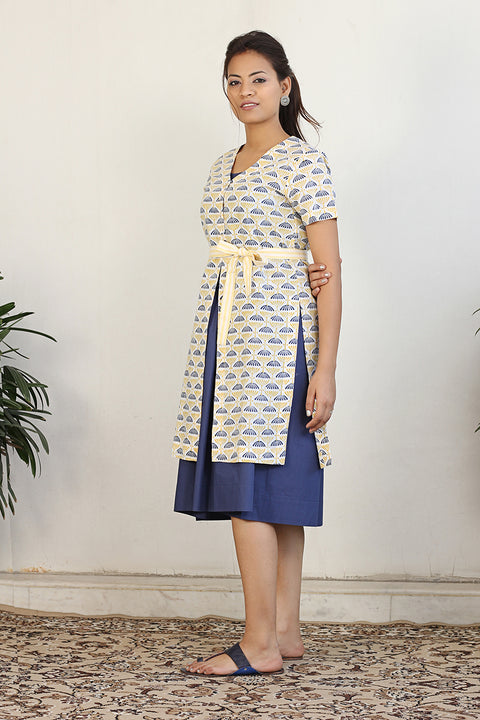 Order Gathered Dress with Block Print Jacket & Belt in Navy Blue & Print (2-Piece Set) | Vinusto