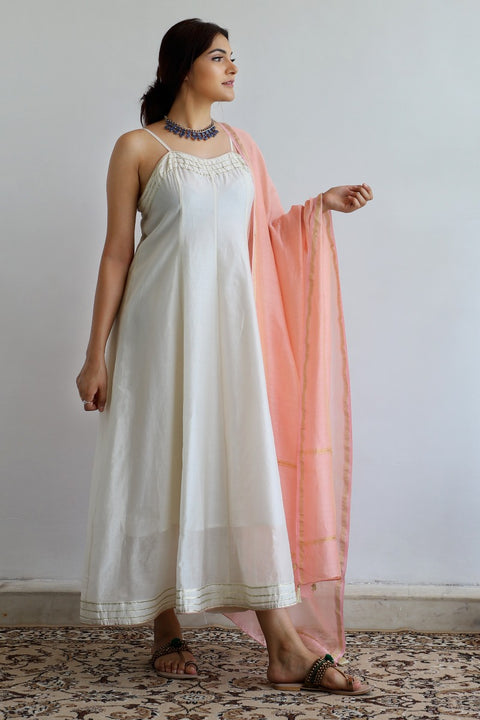 Chanderi Hand loom Long Dress in Ivory