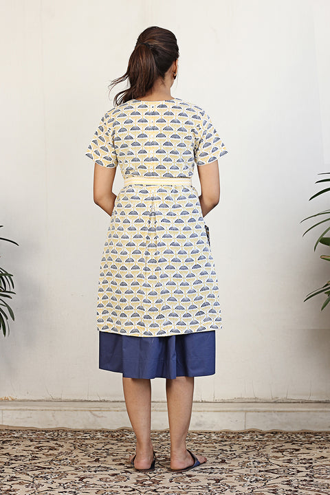 Premium Gathered Dress with Block Print Jacket & Belt in Navy Blue & Print (2-Piece Set) | Vinusto