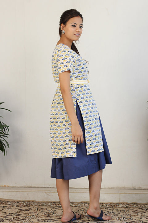 Luxury Gathered Dress with Block Print Jacket & Belt in Navy Blue & Print (2-Piece Set) | Vinusto