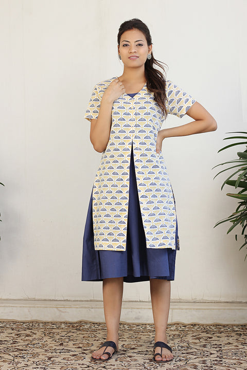 Shop Gathered Dress with Block Print Jacket & Belt in Navy Blue & Print (2-Piece Set) | Vinusto