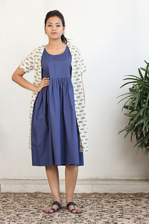 Buy Gathered Dress with Block Print Jacket & Belt in Navy Blue & Print (2-Piece Set) | Vinusto