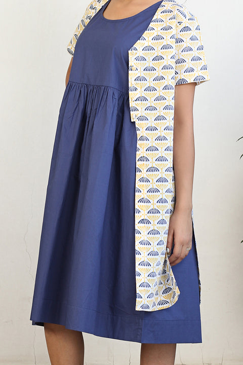 Handcraft Gathered Dress with Block Print Jacket & Belt in Navy Blue & Print (2-Piece Set) | Vinusto