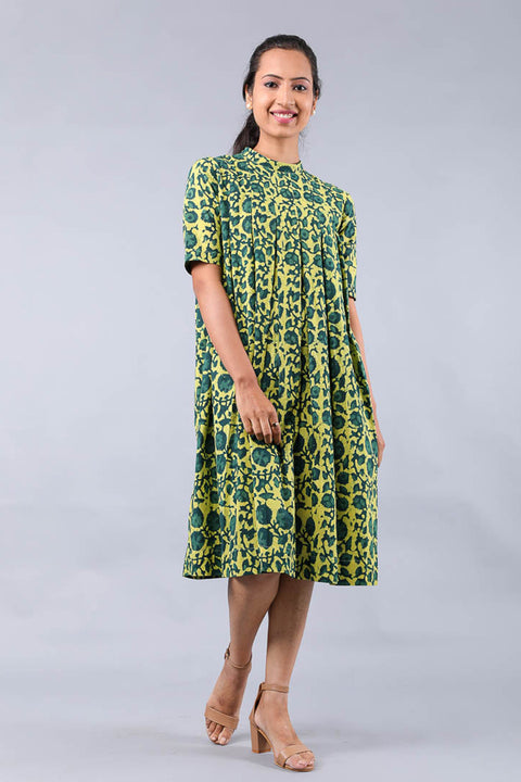 Shop Box Pleat Dress in Yellow-Green Hand Block Print Cotton | Vinusto