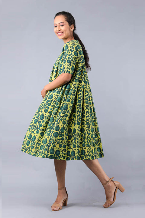 Buy Box Pleat Dress in Yellow-Green Hand Block Print Cotton | Vinusto