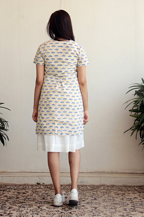 Premium Gathered Dress with Block Print Jacket & Belt in White & Print (2-Piece Set) | Vinusto