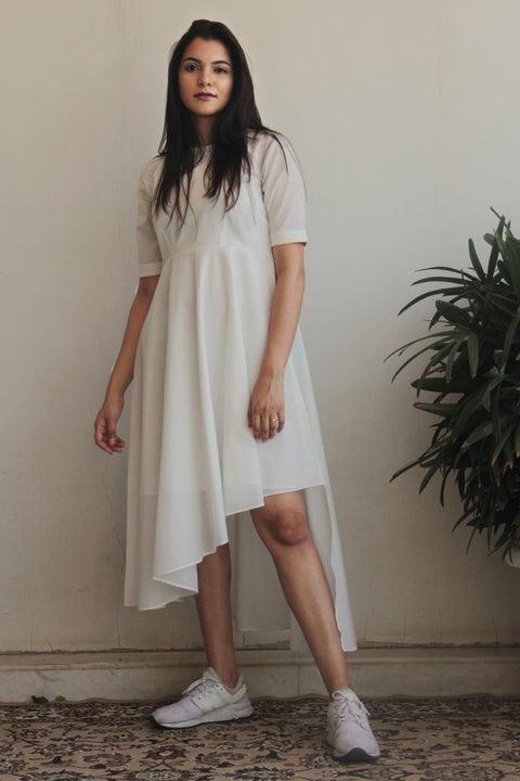 Shop Asymmetric Hem Full-Flared Cotton Dress in White with Printed Belt | Vinusto
