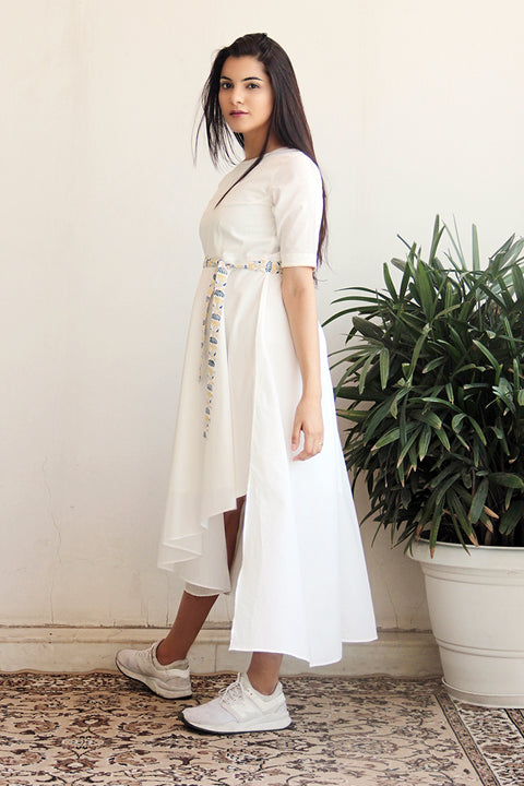 Buy Asymmetric Hem Full-Flared Cotton Dress in White with Printed Belt | Vinusto