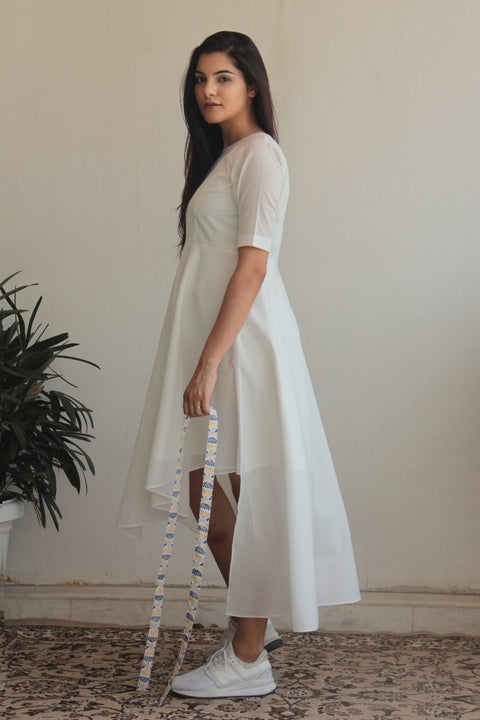 Premium Asymmetric Hem Full-Flared Cotton Dress in White with Printed Belt | Vinusto