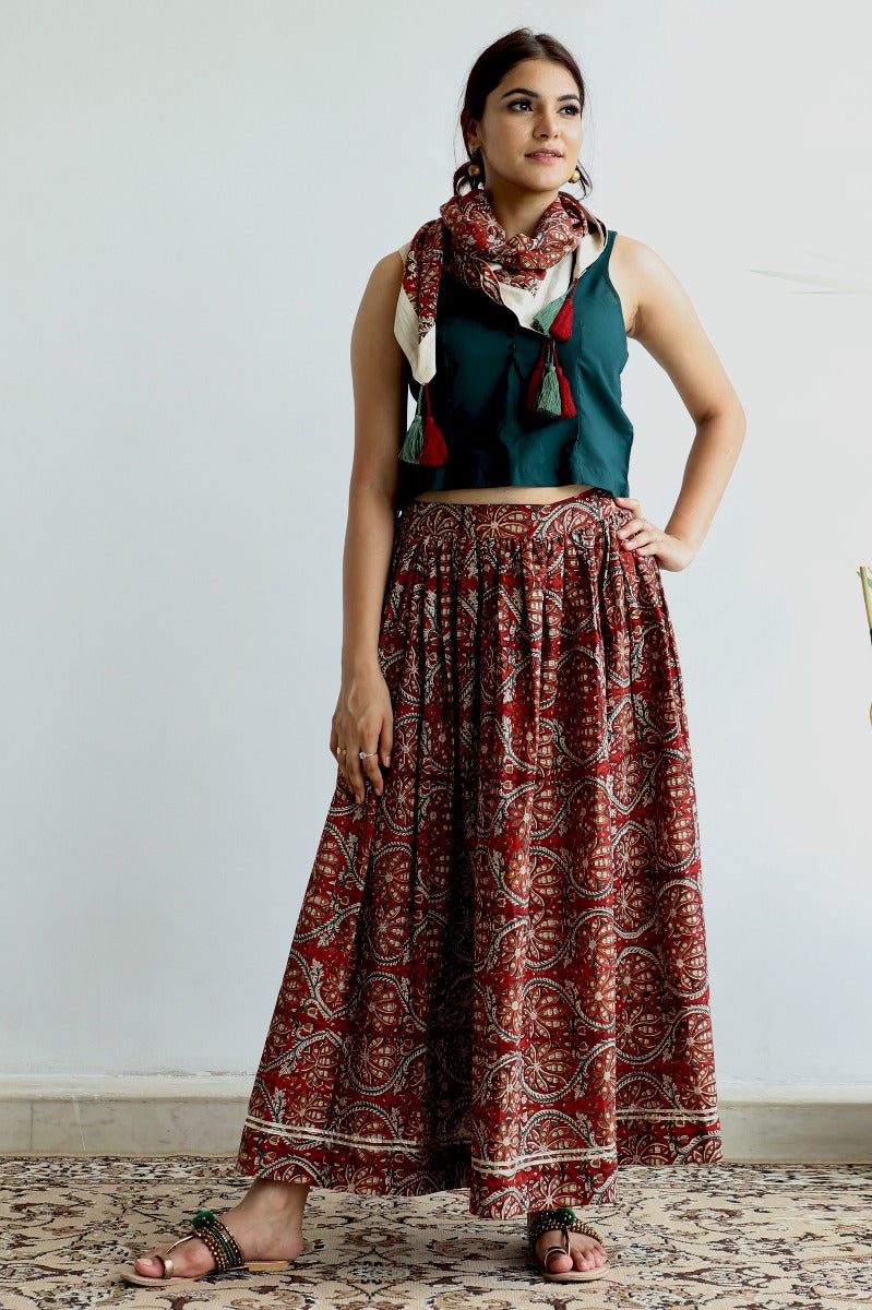 Gathered Skirt and stole in hand block print with cotton top in Red Green (Set of 3)