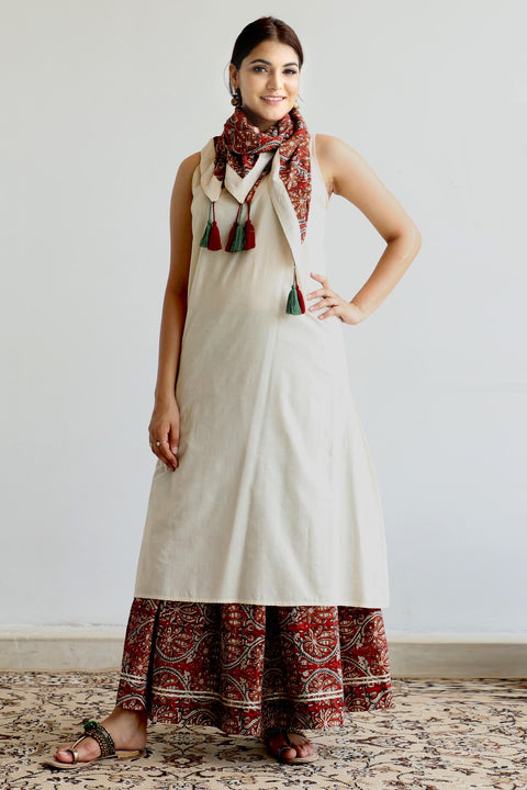 Shop Kurta and Skirt Set with stole in Cream & Red hand block print(set of 3) | Vinusto