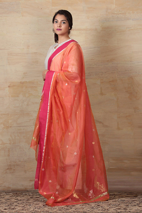 Order Chanderi Mercerised Silk Dupatta in Orange & Pink | Vinusto