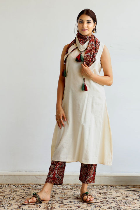 Shop Suit Set with Scarf in Cream and Red hand block print (set of 3) by Vinusto