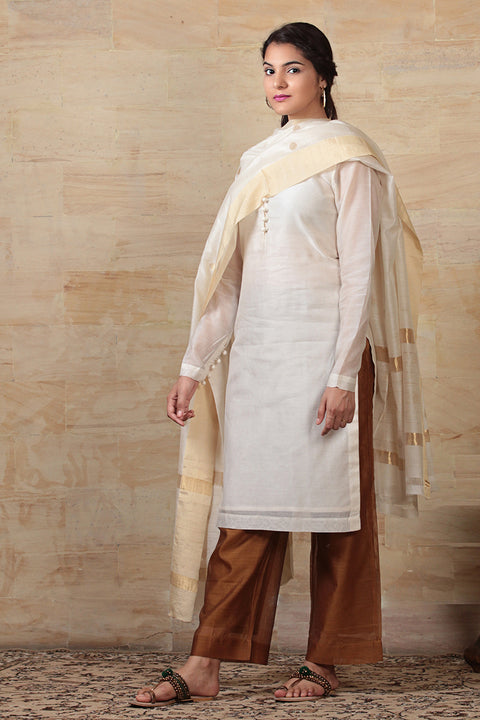 Luxury Off-White & Brown Chanderi Kurta & Palazzo with Hand-Woven Chanderi Dupatta - Set of 3 | Vinusto