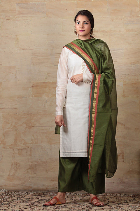 Shop Off-White & Olive Green Chanderi Kurta & Palazzo with Hand-Woven Dupatta - Set of 3 | Vinusto