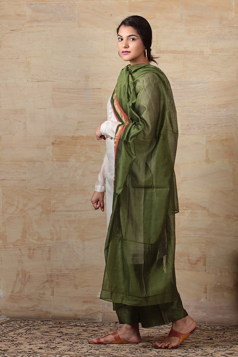 Buy Off-White & Olive Green Chanderi Kurta & Palazzo with Hand-Woven Dupatta - Set of 3 | Vinusto