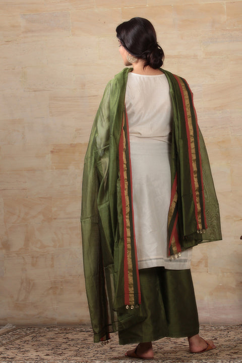Luxury Off-White & Olive Green Chanderi Kurta & Palazzo with Hand-Woven Dupatta - Set of 3 | Vinusto