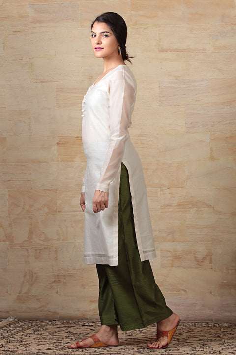 Order Off-White & Olive Green Chanderi Kurta & Palazzo with Hand-Woven Dupatta - Set of 3 | Vinusto