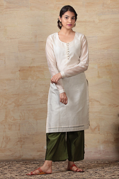 Premium Off-White & Olive Green Chanderi Kurta & Palazzo with Hand-Woven Dupatta - Set of 3 | Vinusto
