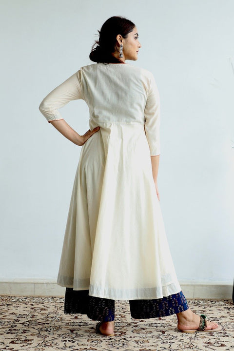 Off White & Blue Cotton Jacket With Waterfall Hem