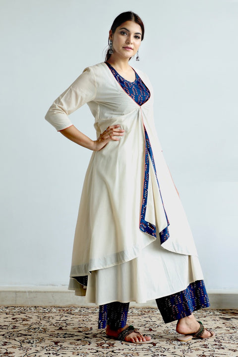 Premium Suit set in Blue hand Block print with Cream Flared Jacket (set of 3) - By Vinusto