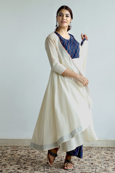 Order Suit set in Blue hand Block print with Cream Flared Jacket (set of 3) - By Vinusto