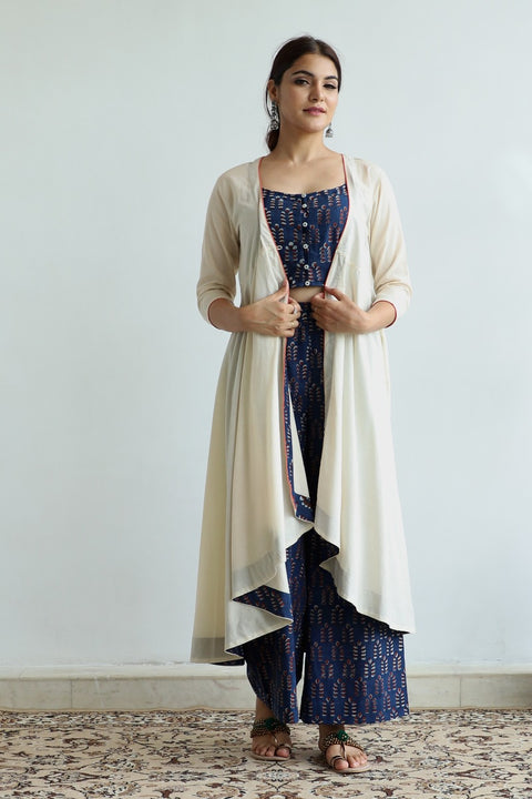 Shop Crop Top & Palazzo Set in Blue Hand Block Print with Cream Flared Jacket (Set of 3) | Vinusto