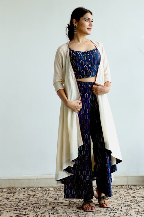 Buy Crop Top & Palazzo Set in Blue Hand Block Print with Cream Flared Jacket (Set of 3) | Vinusto
