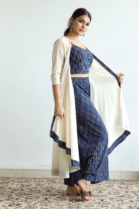 Order Crop Top & Palazzo Set in Blue Hand Block Print with Cream Flared Jacket (Set of 3) | Vinusto