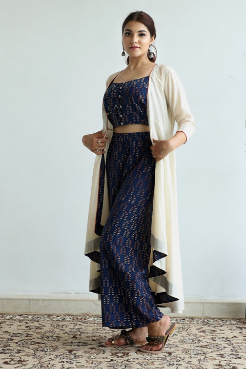 Luxury Crop Top & Palazzo Set in Blue Hand Block Print with Cream Flared Jacket (Set of 3) | Vinusto