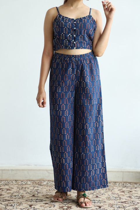 Premium Crop Top & Palazzo Set in Blue Hand Block Print with Cream Flared Jacket (Set of 3) | Vinusto