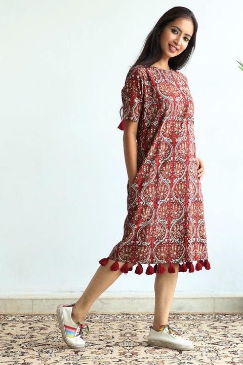 Order Hand Block Printed Cotton Shift Dress in Maroon | Vinusto