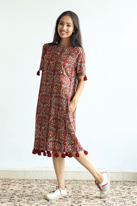 Buy Hand Block Printed Cotton Shift Dress in Maroon | Vinusto