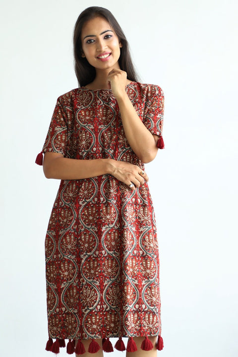 Luxury Hand Block Printed Cotton Shift Dress in Maroon | Vinusto