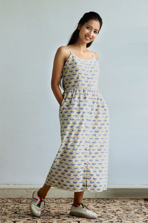 Buy Buttoned Strap Dress in Off-White Hand Block Print | Vinusto