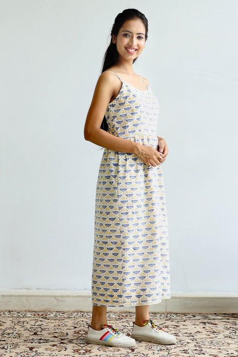 Luxury Buttoned Strap Dress in Off-White Hand Block Print | Vinusto