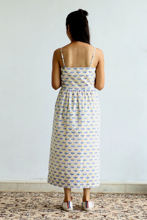 Premium Buttoned Strap Dress in Off-White Hand Block Print | Vinusto